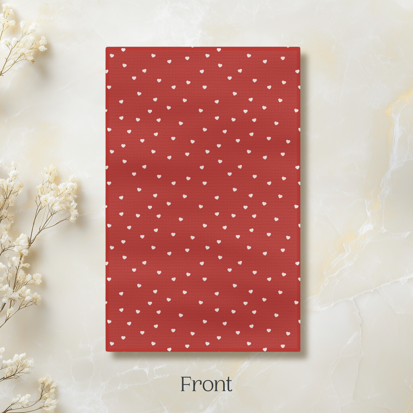 White Petite Hearts Red Microfiber Tea Towel