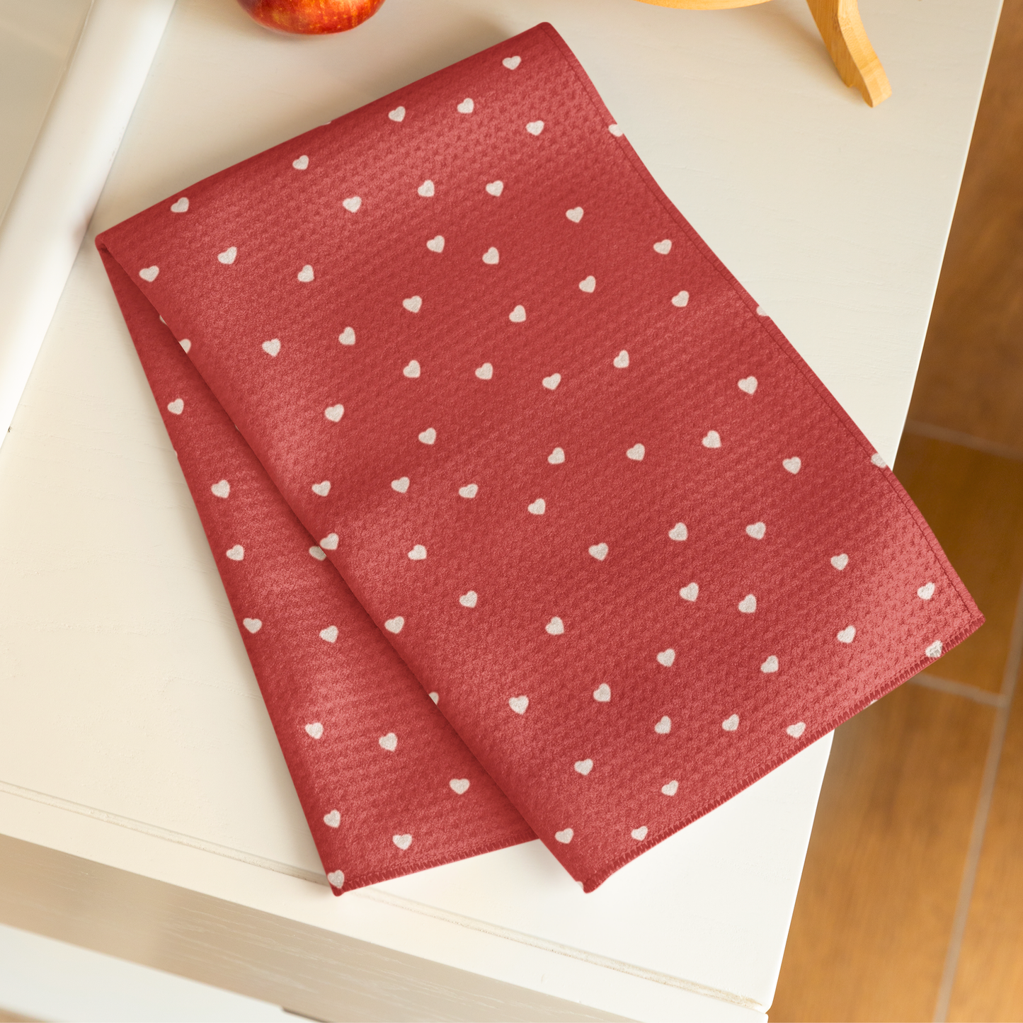 White Petite Hearts Red Microfiber Tea Towel