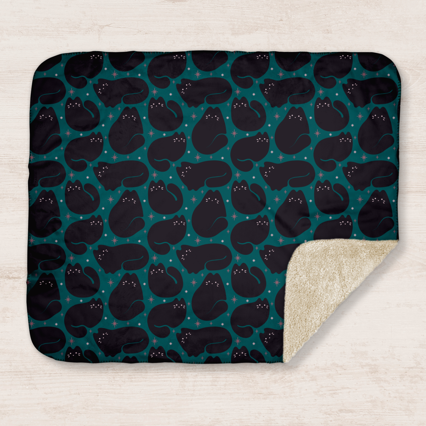 Retro Black Cat Bright Teal Sherpa Blanket