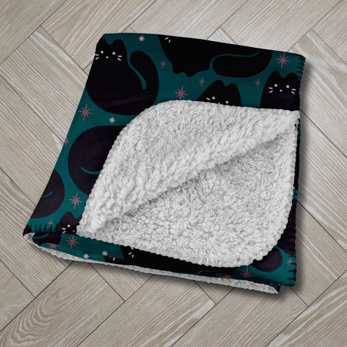 Retro Black Cat Bright Teal Sherpa Blanket