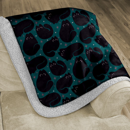 Retro Black Cat Bright Teal Sherpa Blanket