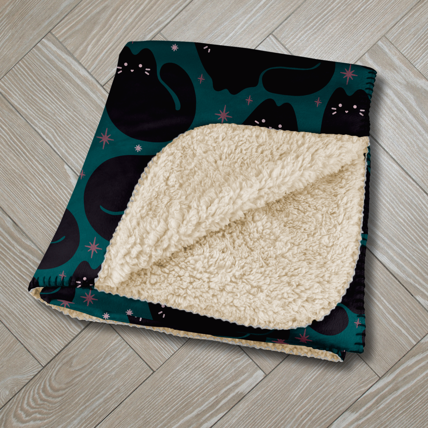 Retro Black Cat Bright Teal Sherpa Blanket