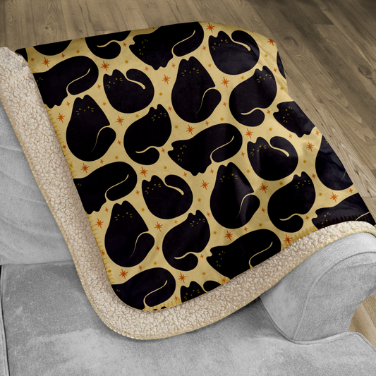 Retro Black Cat Beige Sherpa Blanket