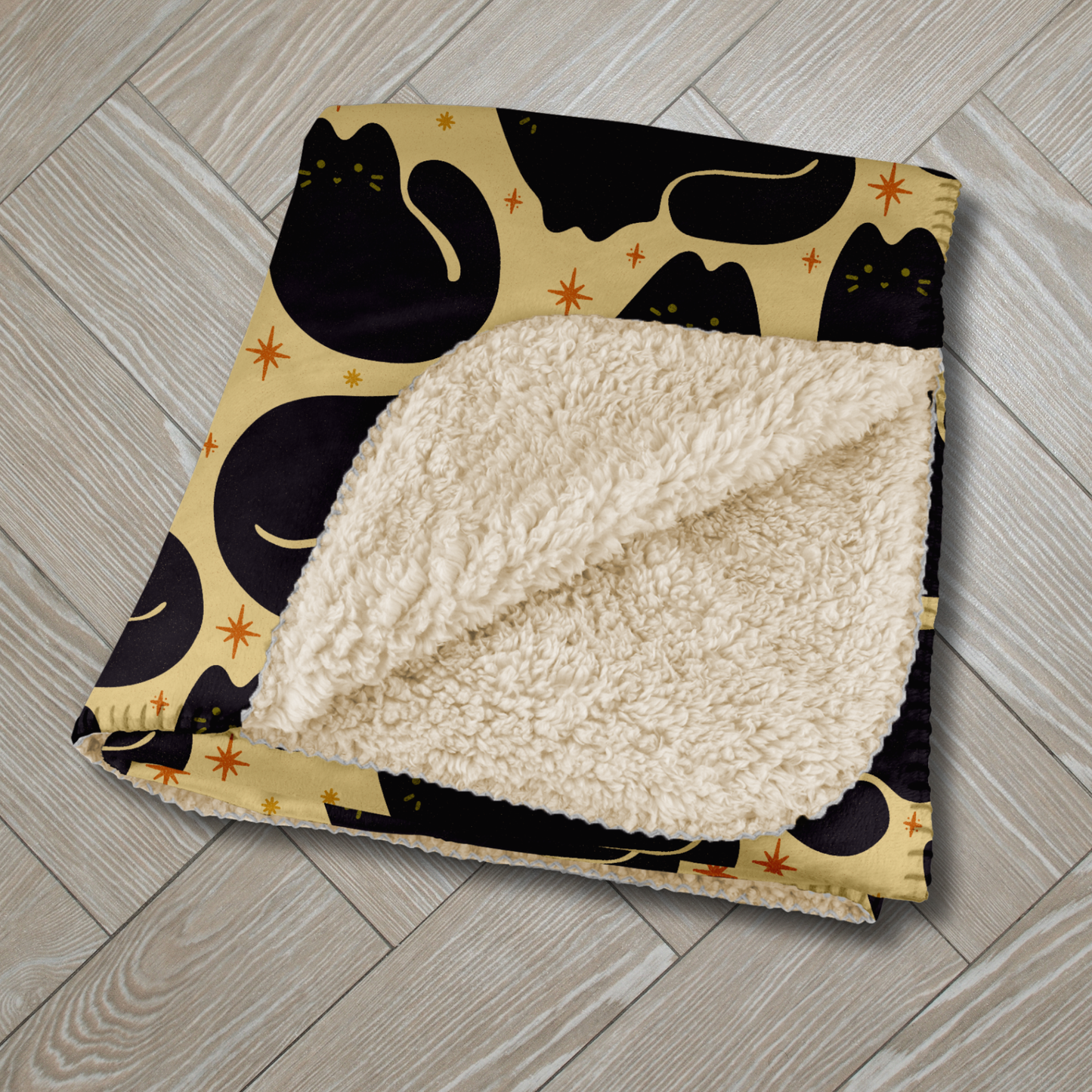 Retro Black Cat Beige Sherpa Blanket