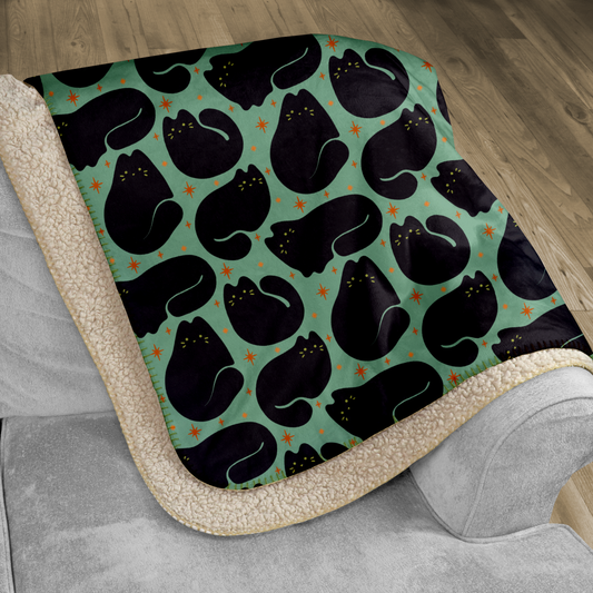 Retro Black Cat Aqua Sherpa Blanket