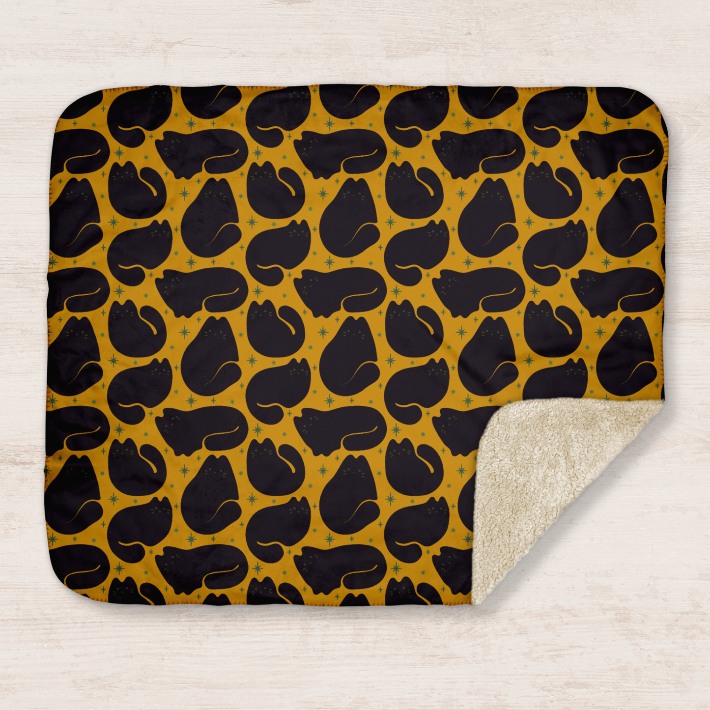 Retro Black Cat Mustard Sherpa Blanket