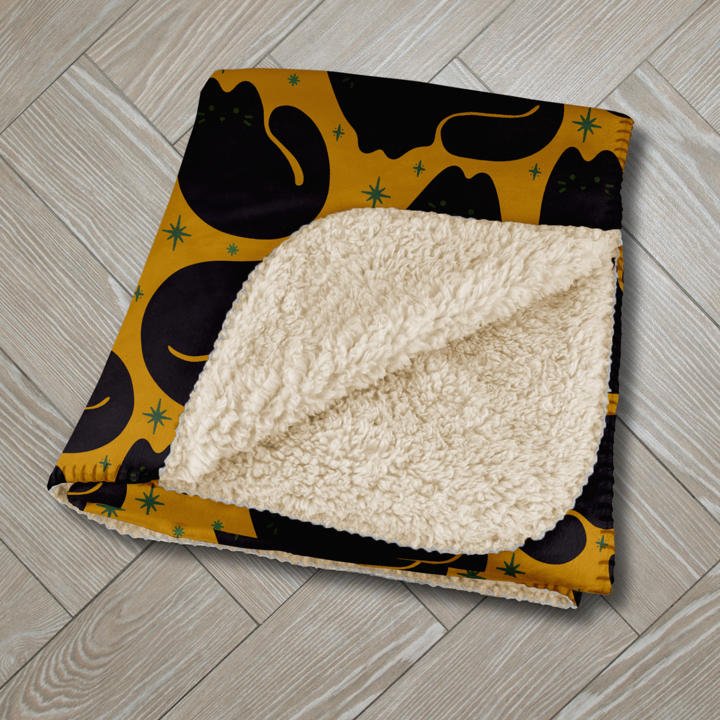 Retro Black Cat Mustard Sherpa Blanket