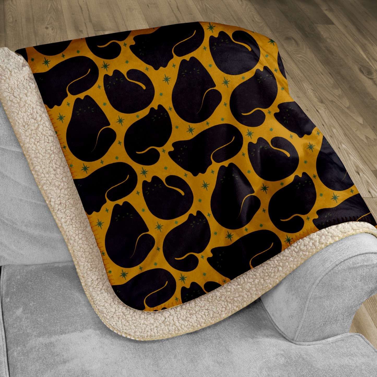 Retro Black Cat Mustard Sherpa Blanket