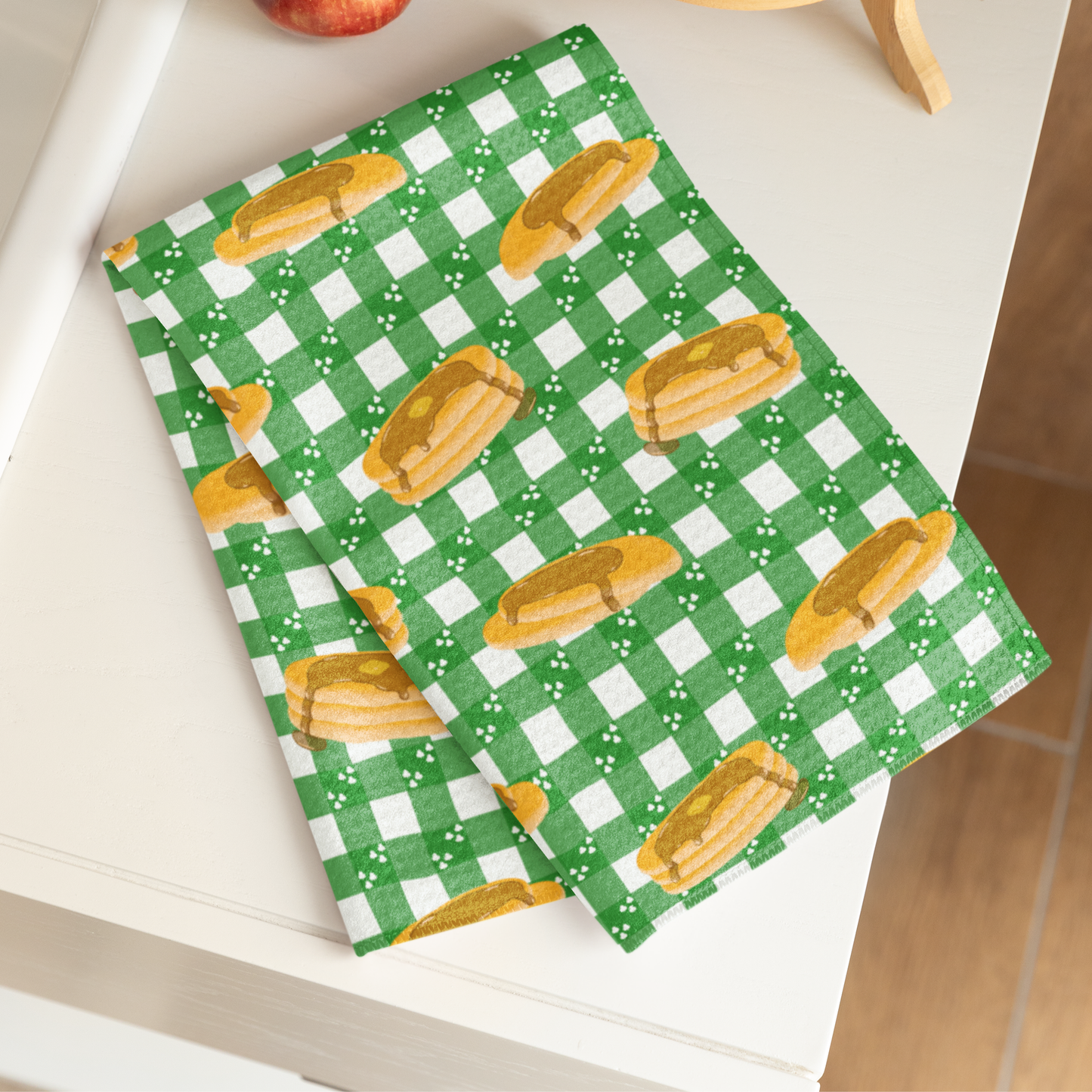 Pancakes on White Shamrock Green Gingham Microfiber Tea Towel