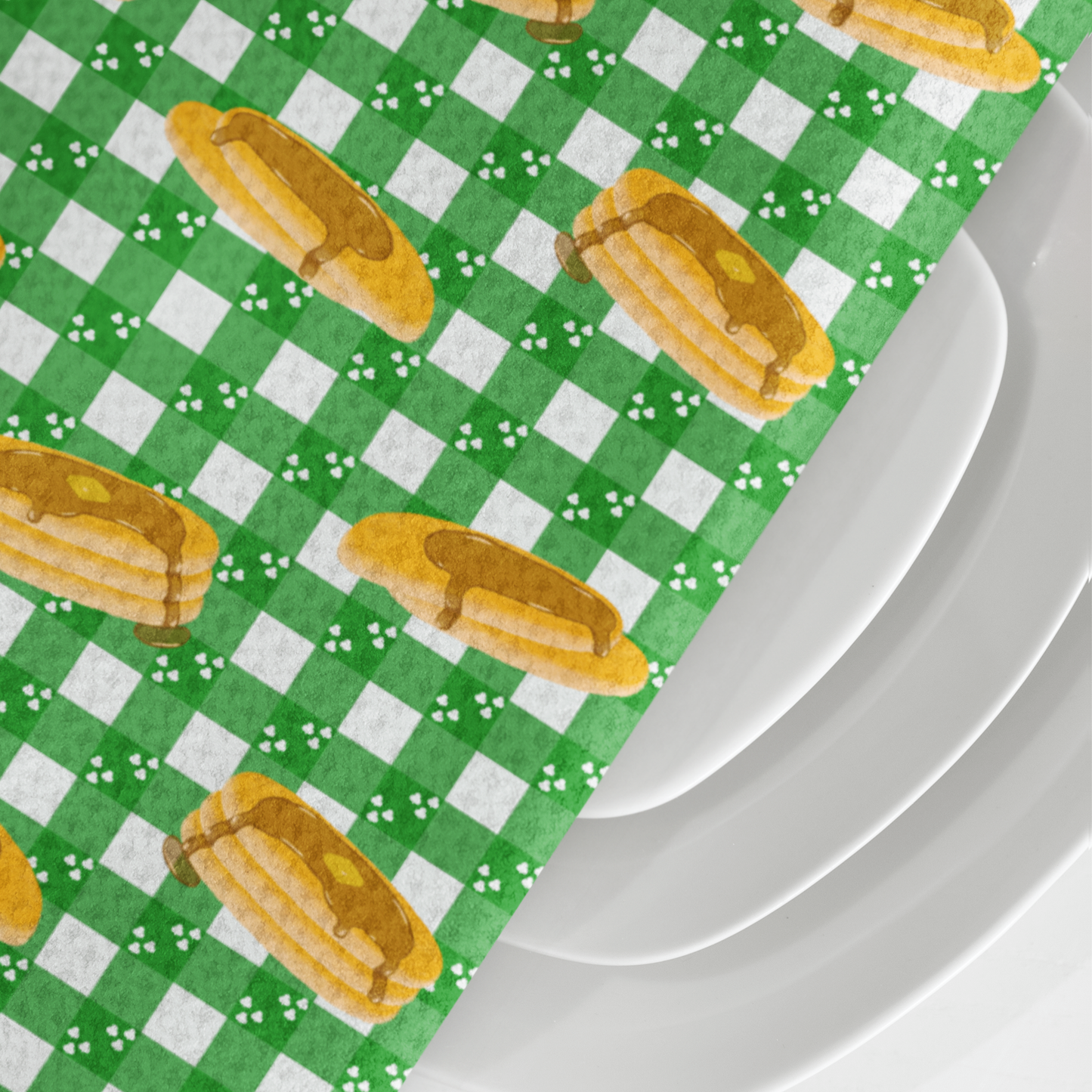 Pancakes on White Shamrock Green Gingham Microfiber Tea Towel
