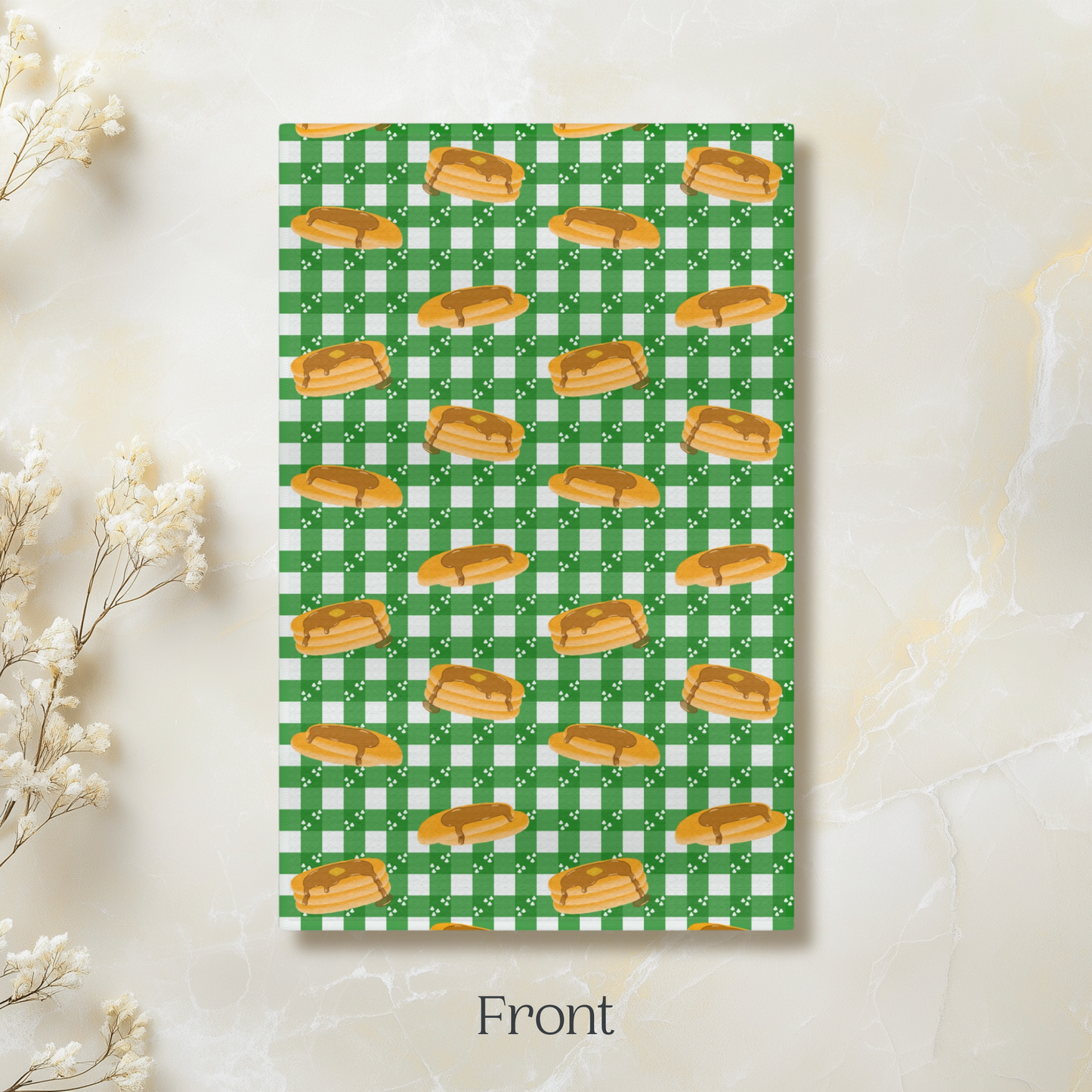 Pancakes on White Shamrock Green Gingham Microfiber Tea Towel