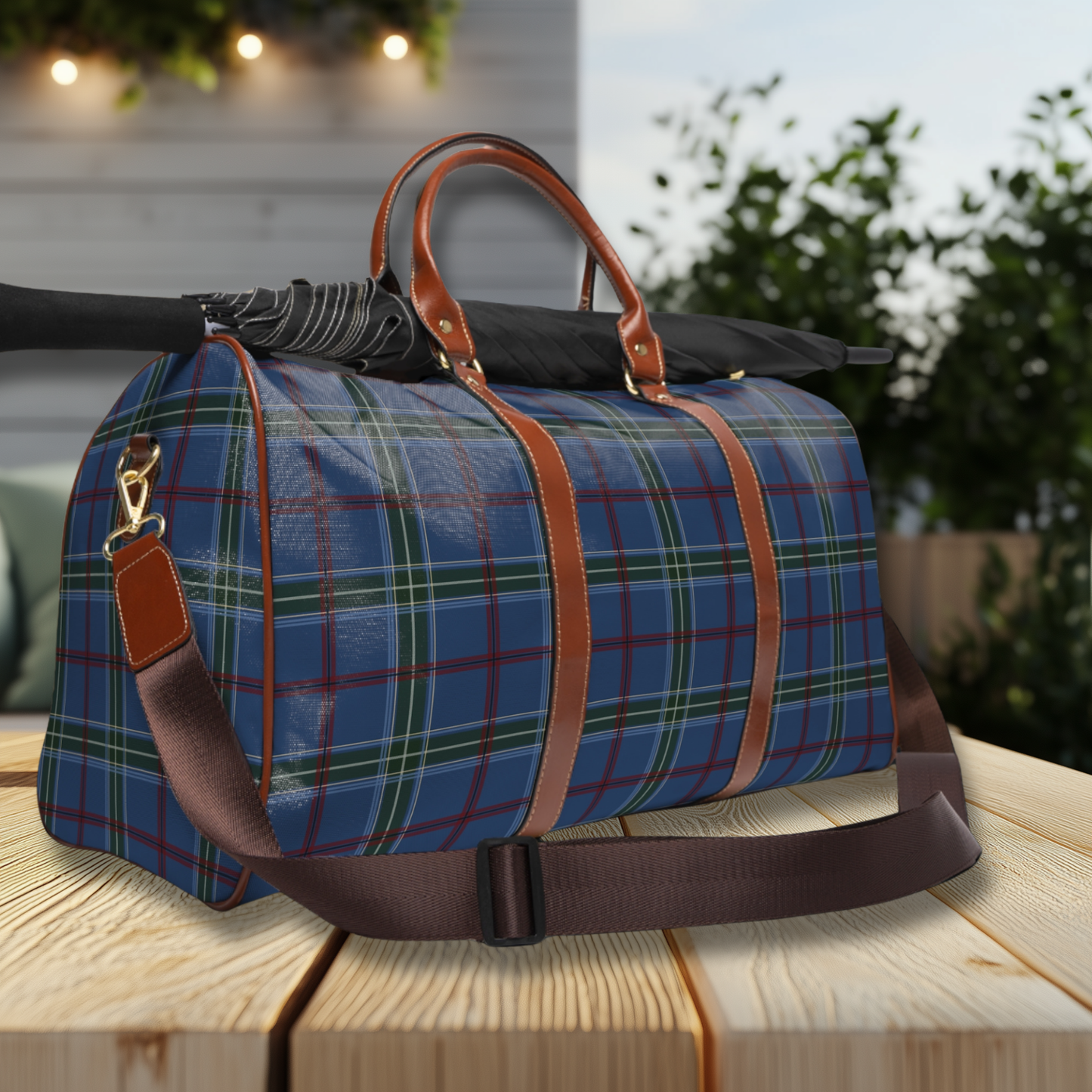 Navy Blue Tartan Waterproof Travel Bag