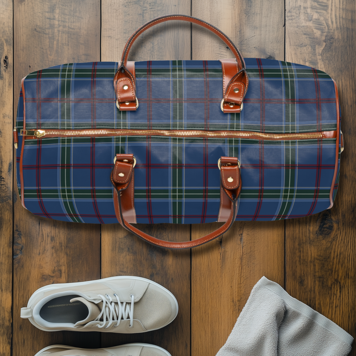 Navy Blue Tartan Waterproof Travel Bag