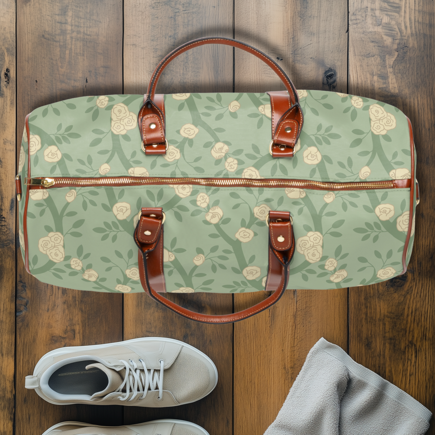 Cream Rose Trailing Floral Waterproof Travel Bag