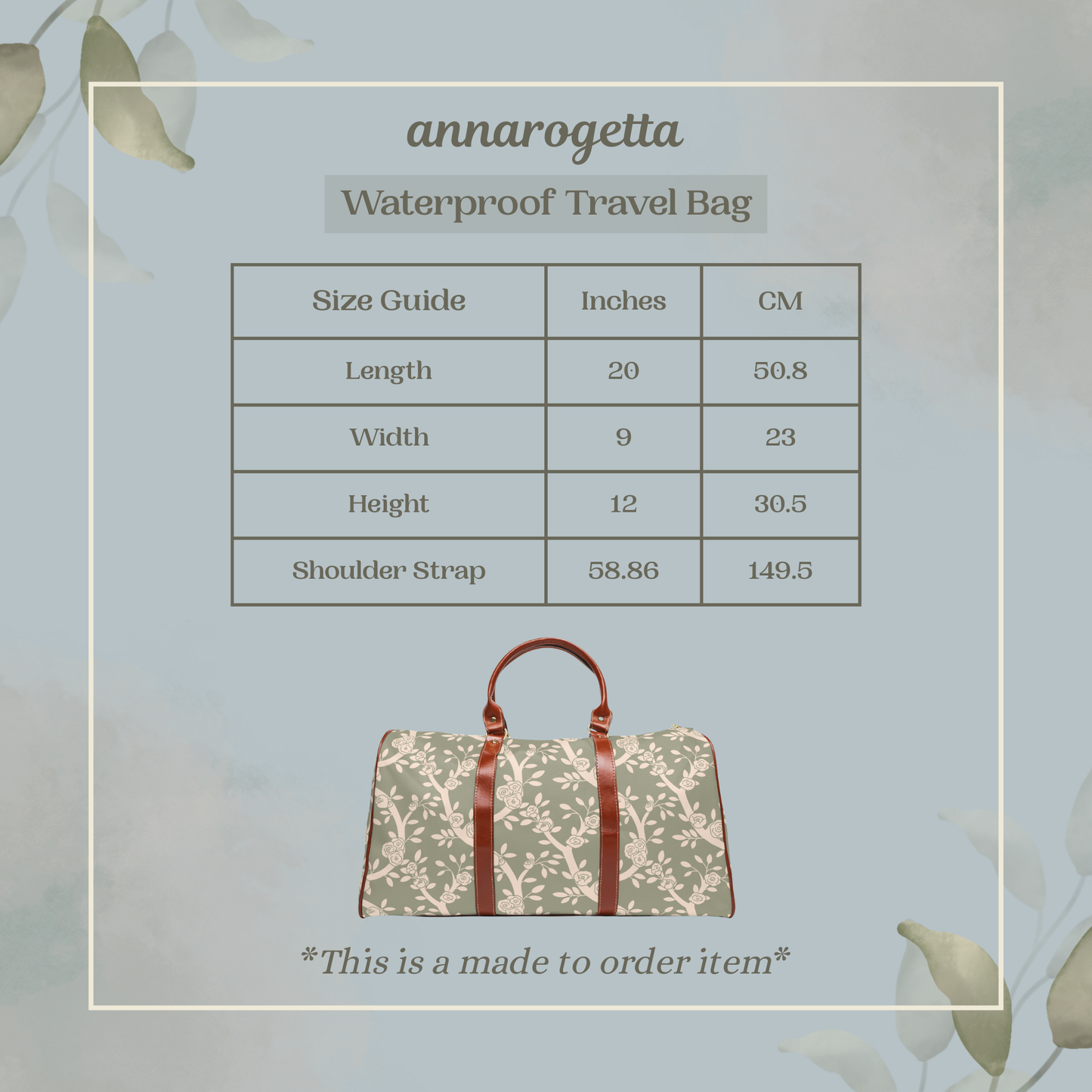 Cream & Sage Rose Floral Waterproof Travel Bag