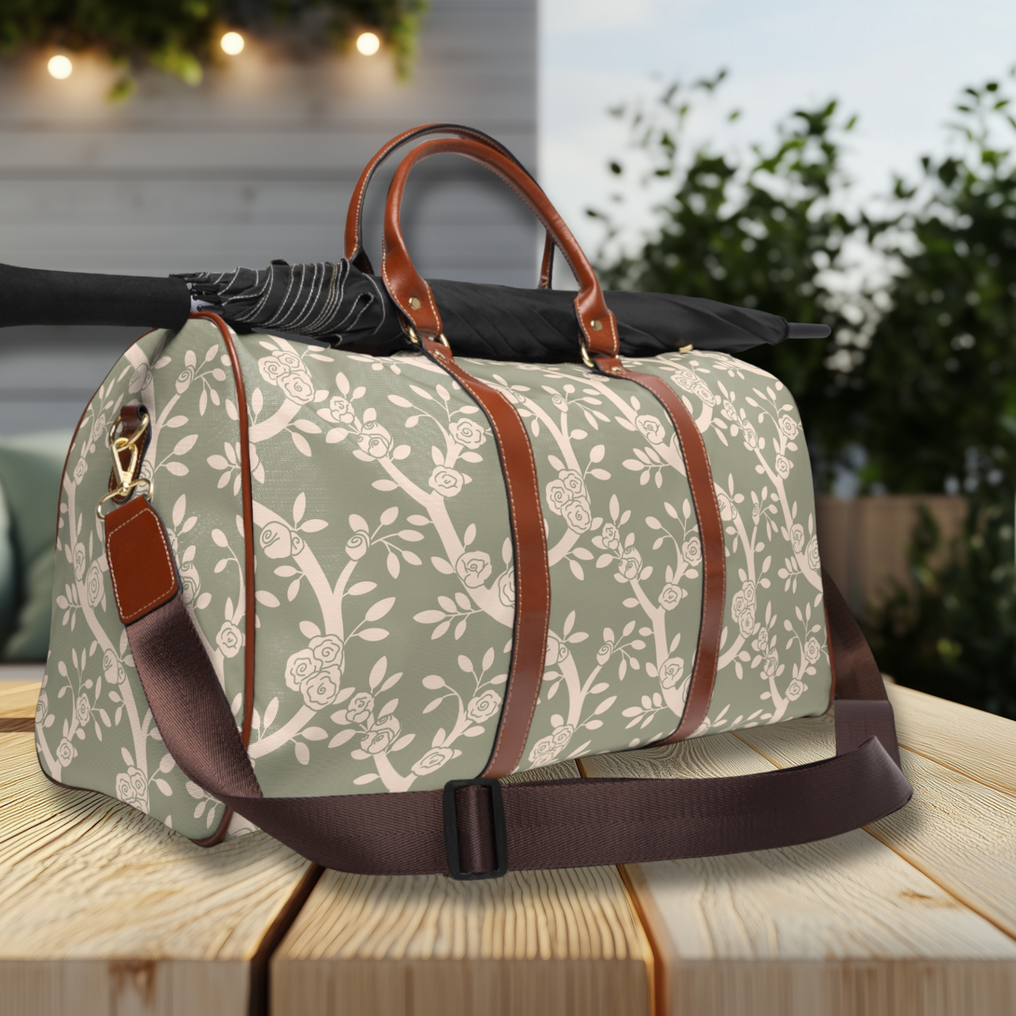 Cream & Sage Rose Floral Waterproof Travel Bag