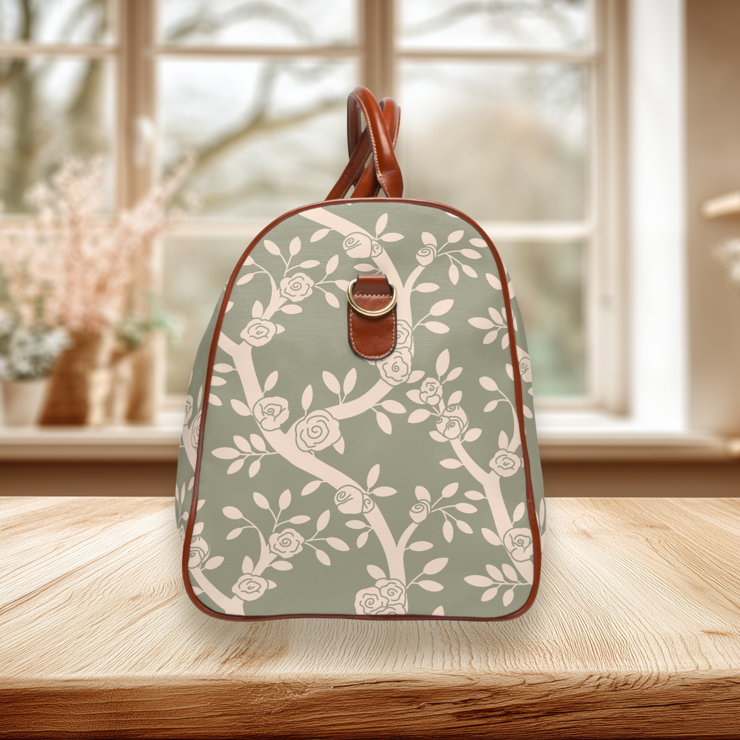 Cream & Sage Rose Floral Waterproof Travel Bag