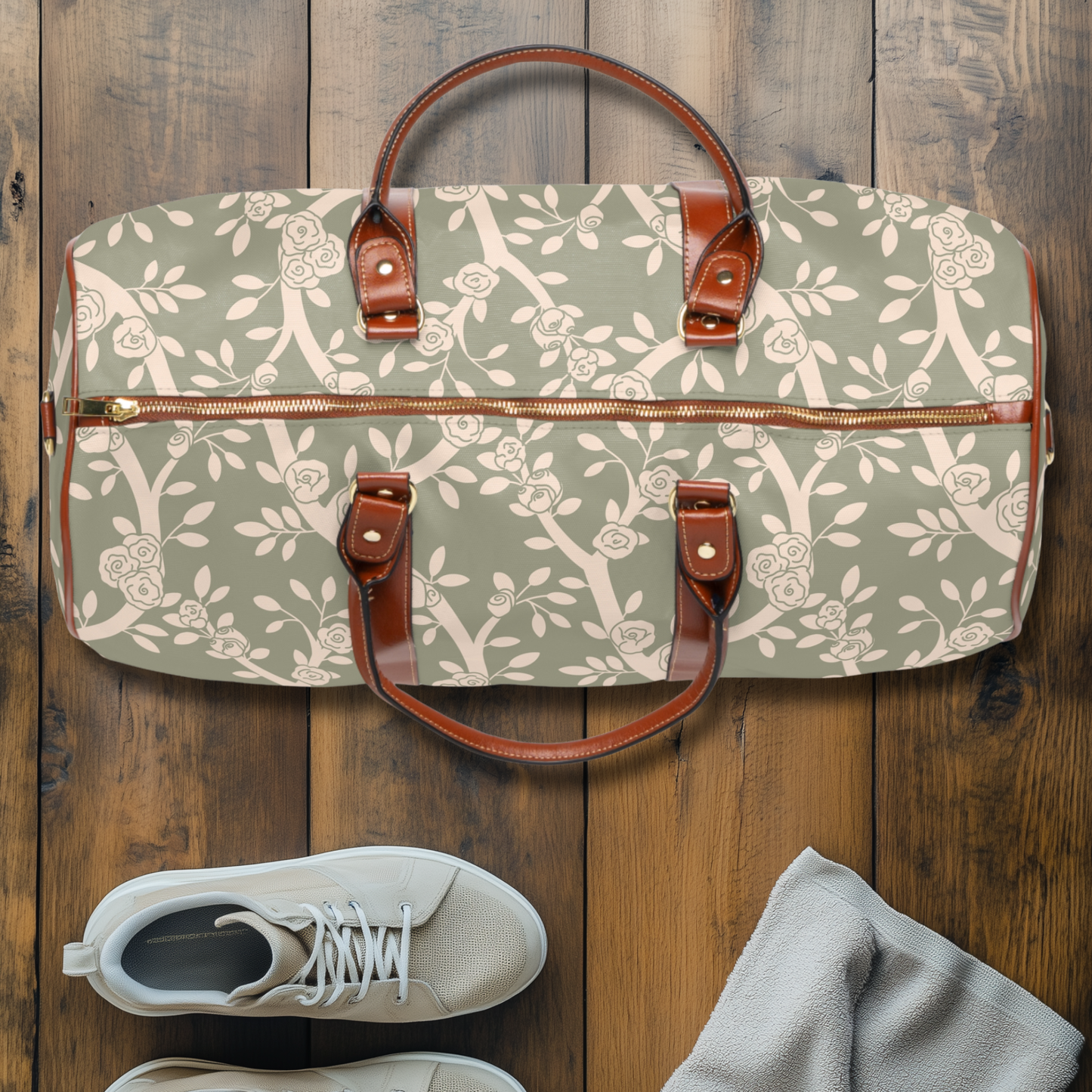 Cream & Sage Rose Floral Waterproof Travel Bag