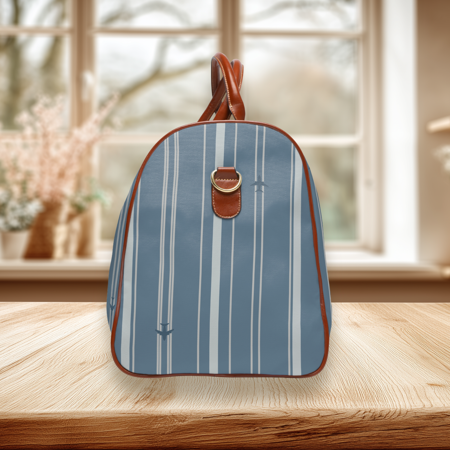 Blue Stripes with Tiny Airplanes Waterproof Travel Bag