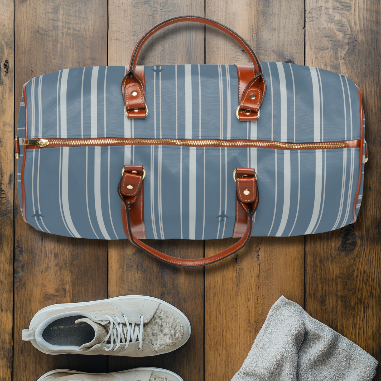 Blue Stripes with Tiny Airplanes Waterproof Travel Bag