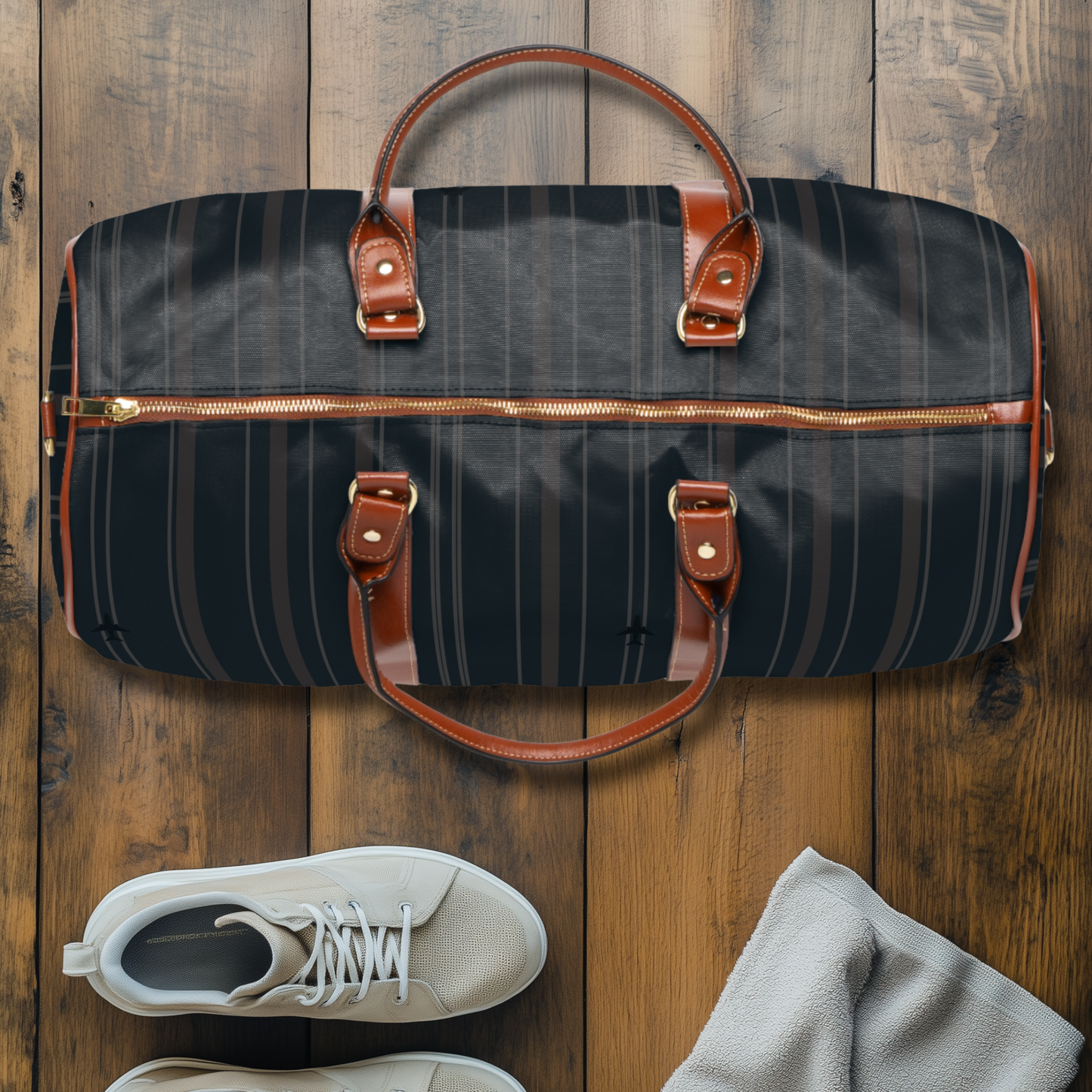 Dark Navy Stripes with Tiny Airplanes Waterproof Travel Bag