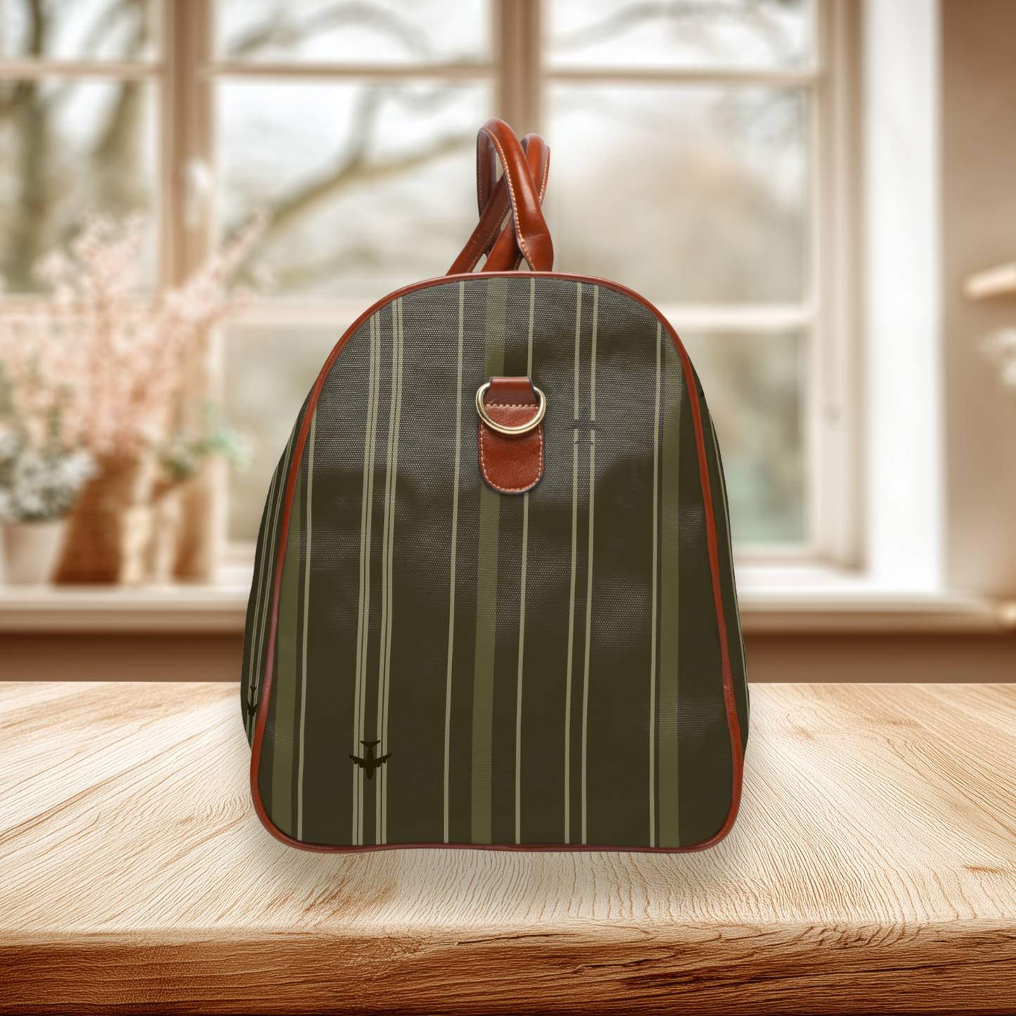 Dark Olive Stripes with Tiny Airplanes Waterproof Travel Bag