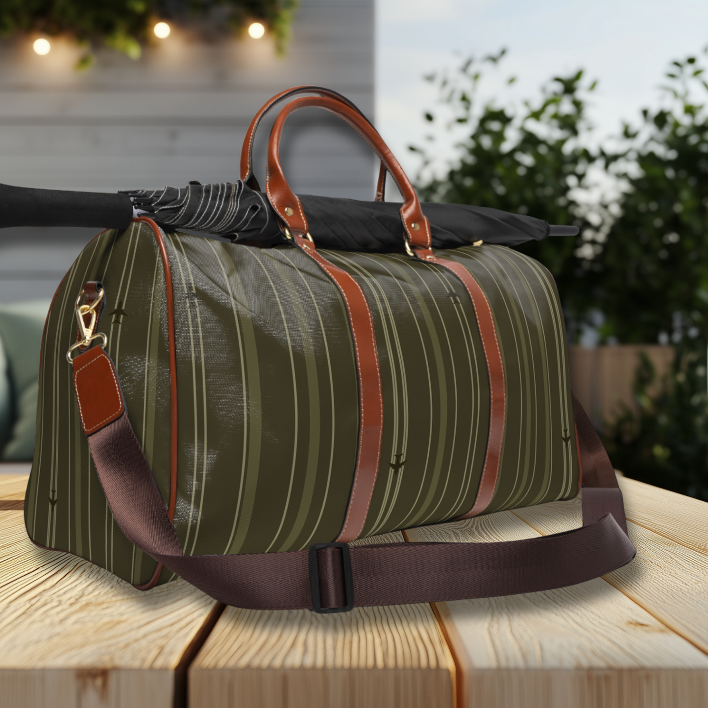 Dark Olive Stripes with Tiny Airplanes Waterproof Travel Bag