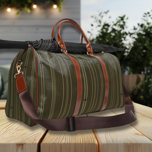 Dark Olive Stripes with Tiny Airplanes Waterproof Travel Bag