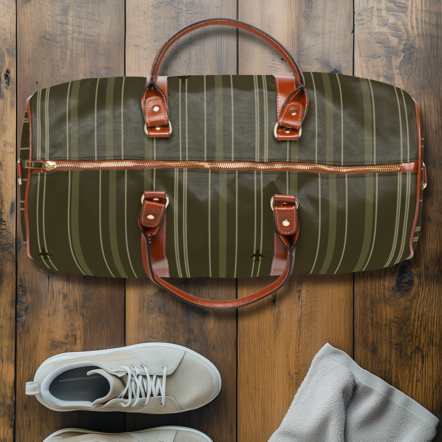Dark Olive Stripes with Tiny Airplanes Waterproof Travel Bag