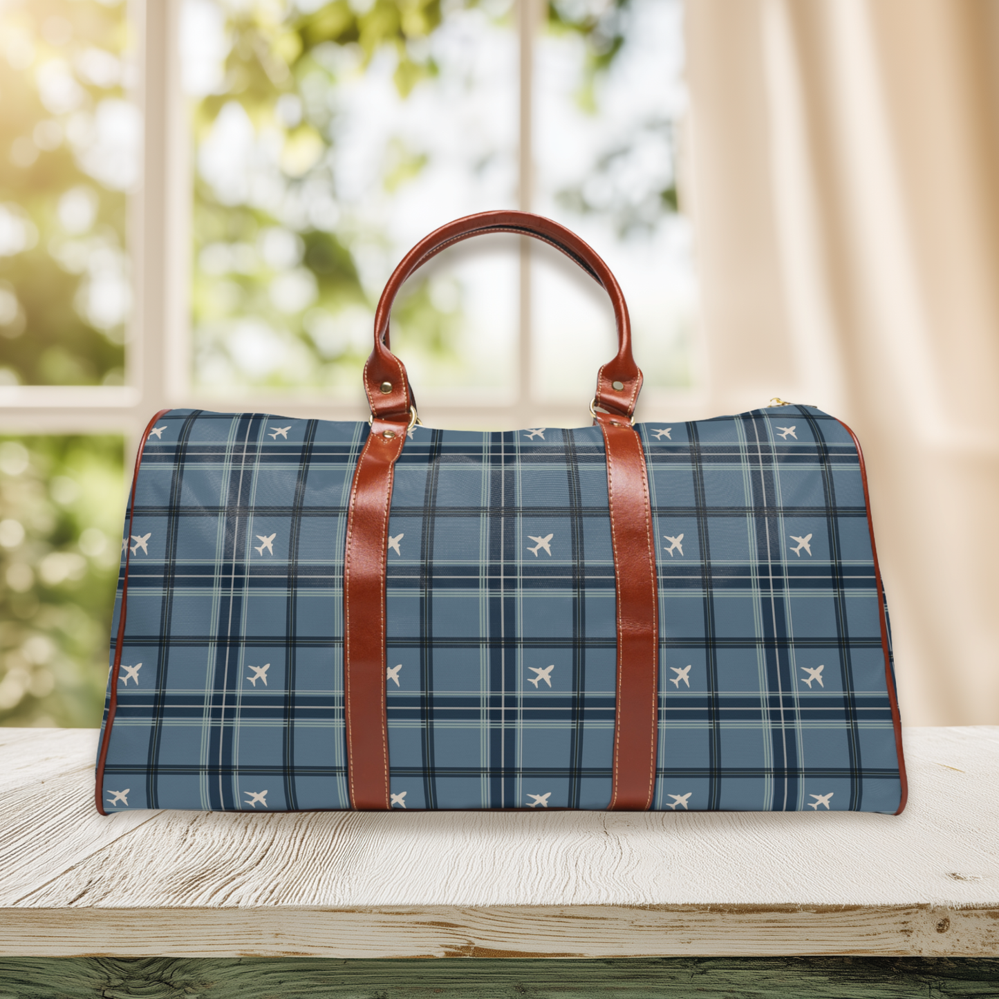 Blue Two-Engine Commercial Airplane Tartan Waterproof Travel Bag