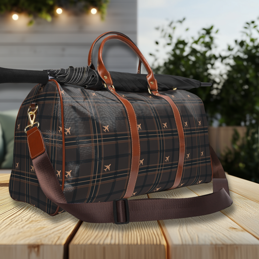 Brown Two-Engine Commercial Airplane Tartan Waterproof Travel Bag