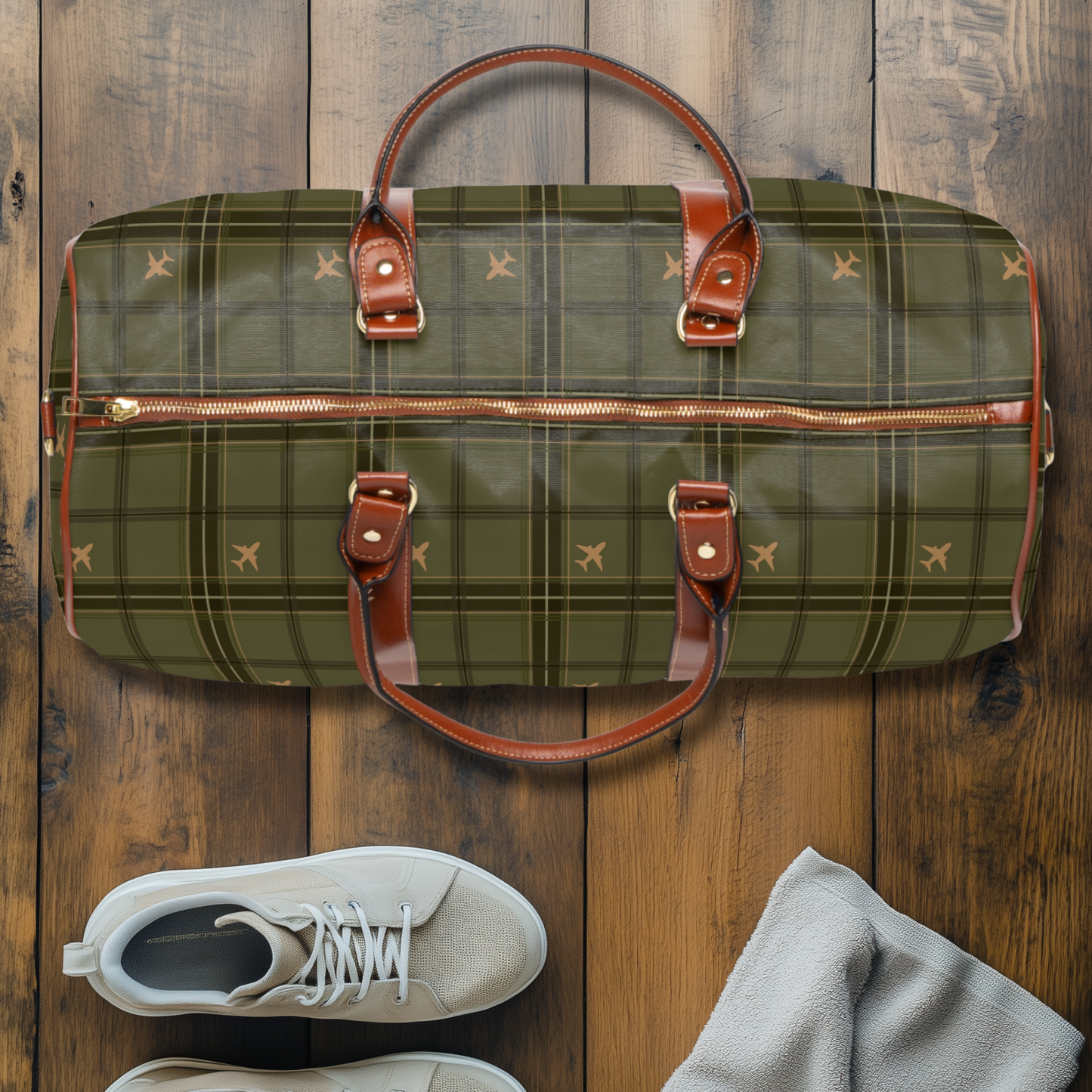 Olive Green Two-Engine Commercial Airplane Tartan Waterproof Travel Bag