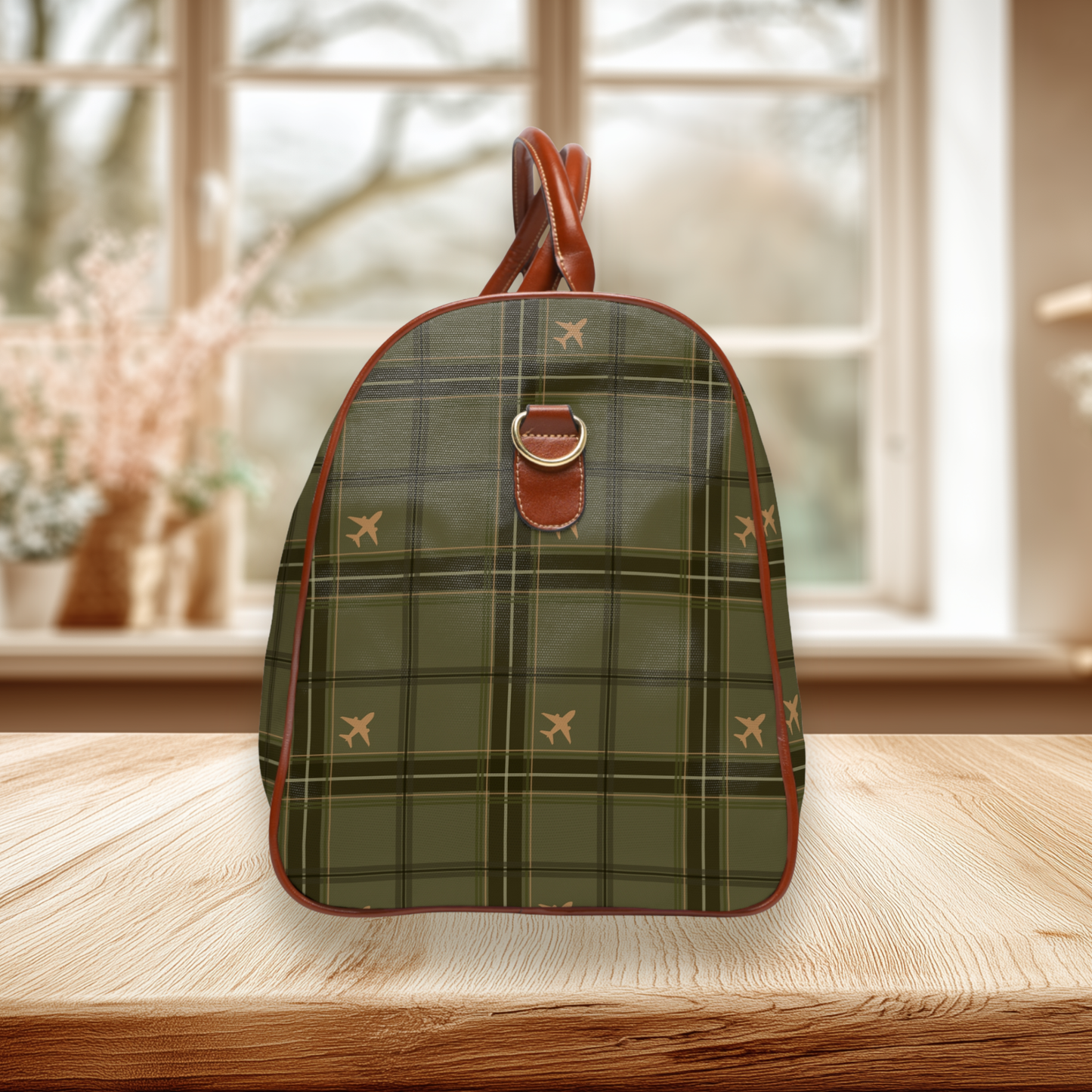 Olive Green Two-Engine Commercial Airplane Tartan Waterproof Travel Bag
