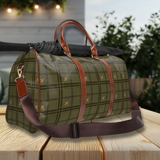 Olive Green Two-Engine Commercial Airplane Tartan Waterproof Travel Bag