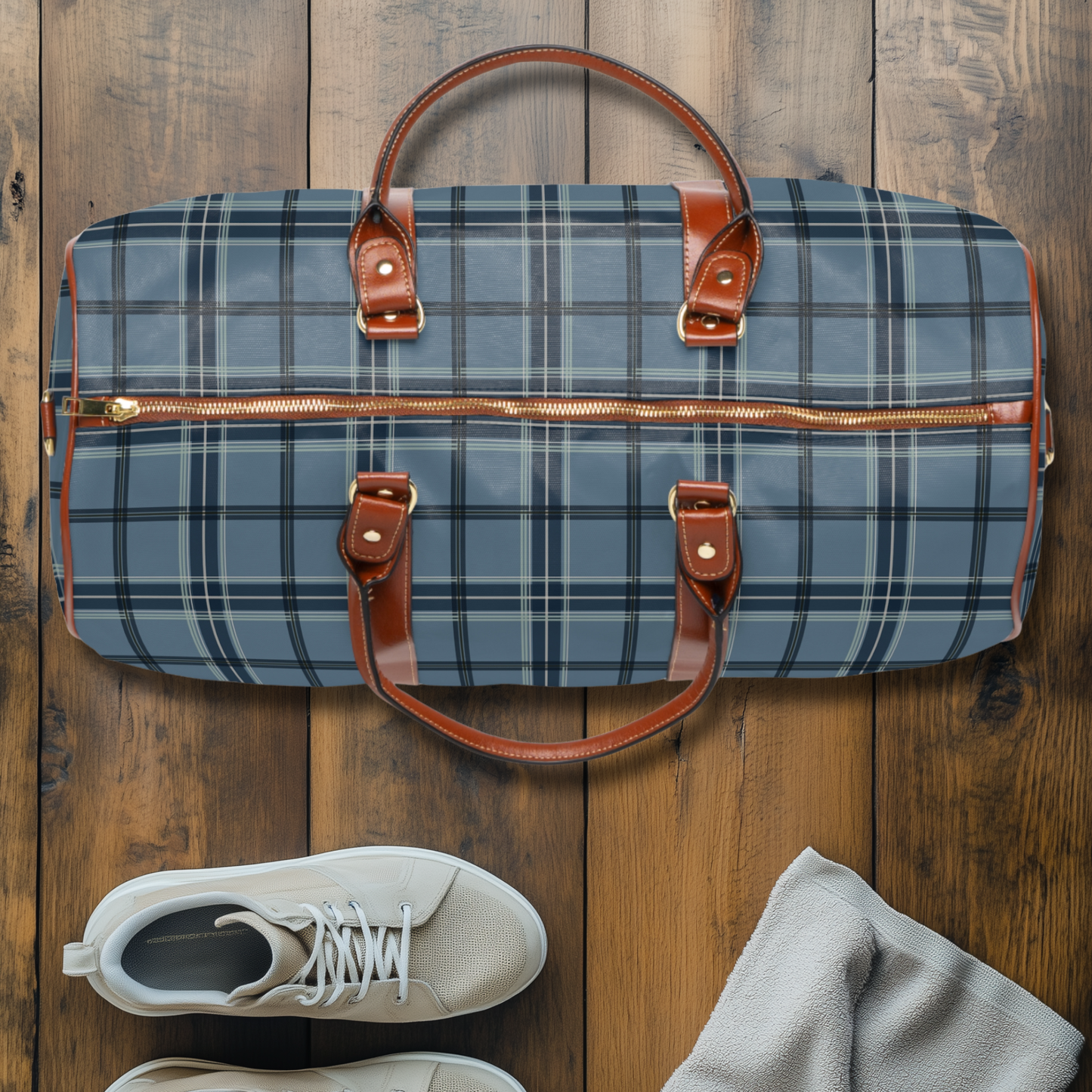 Colonial Blue Tartan Plaid Waterproof Travel Bag
