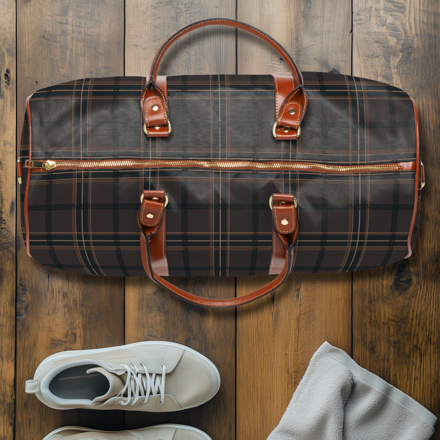 Brown Tartan Plaid Waterproof Travel Bag