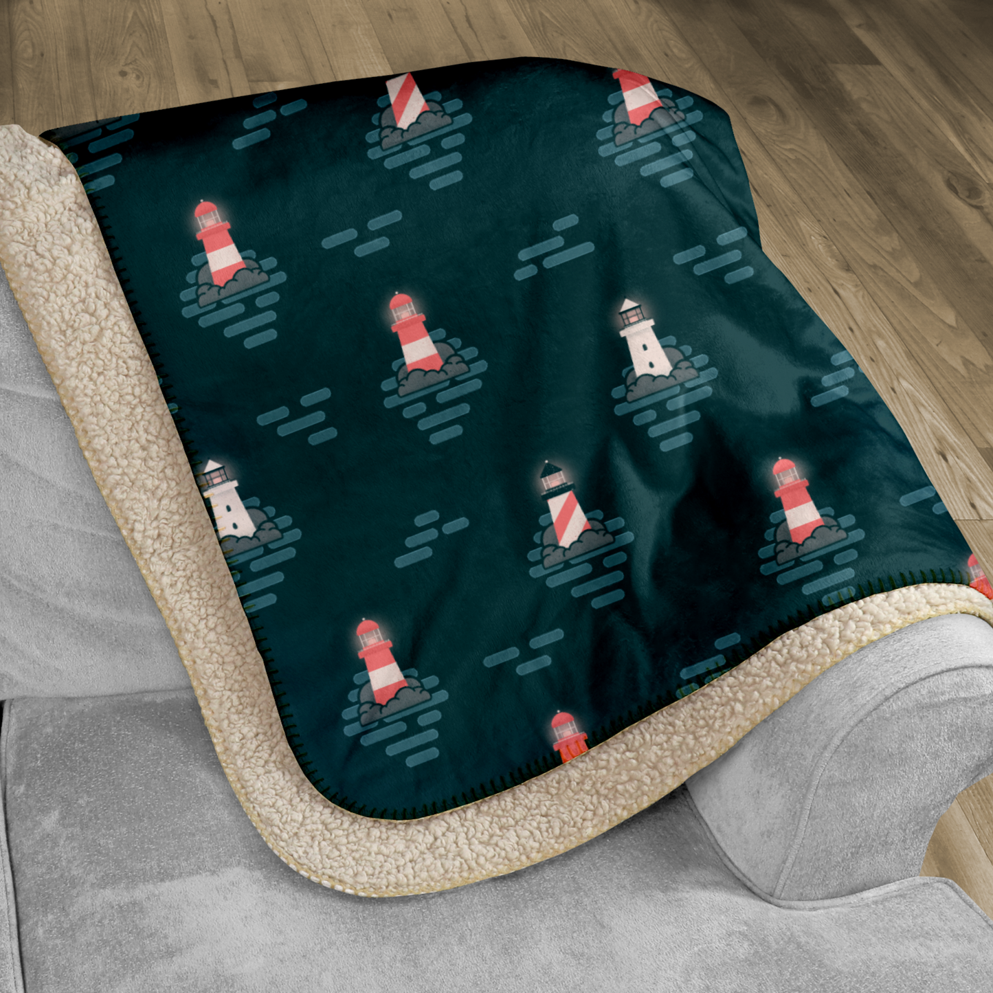 Lighthouse at Night Sherpa Blanket