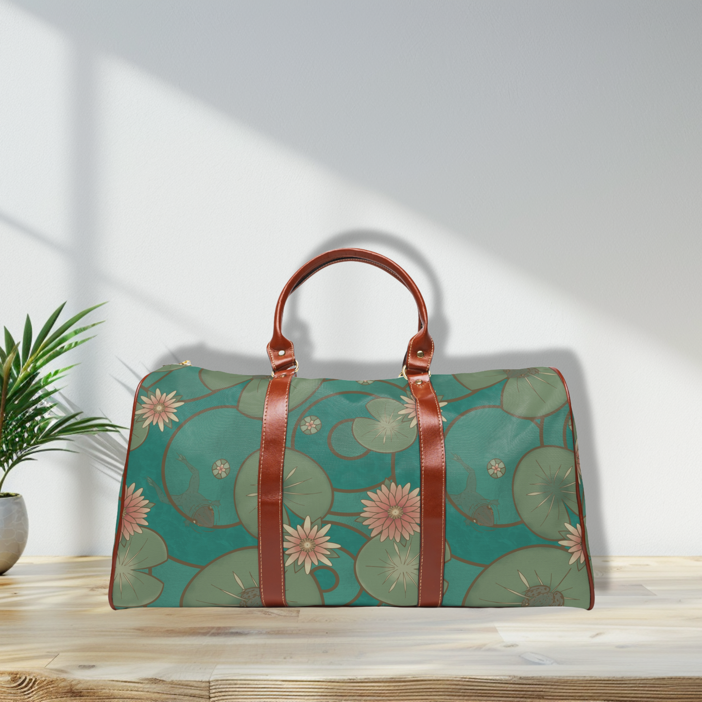 Stained Glass Frog and Water Lily Waterproof Travel Bag