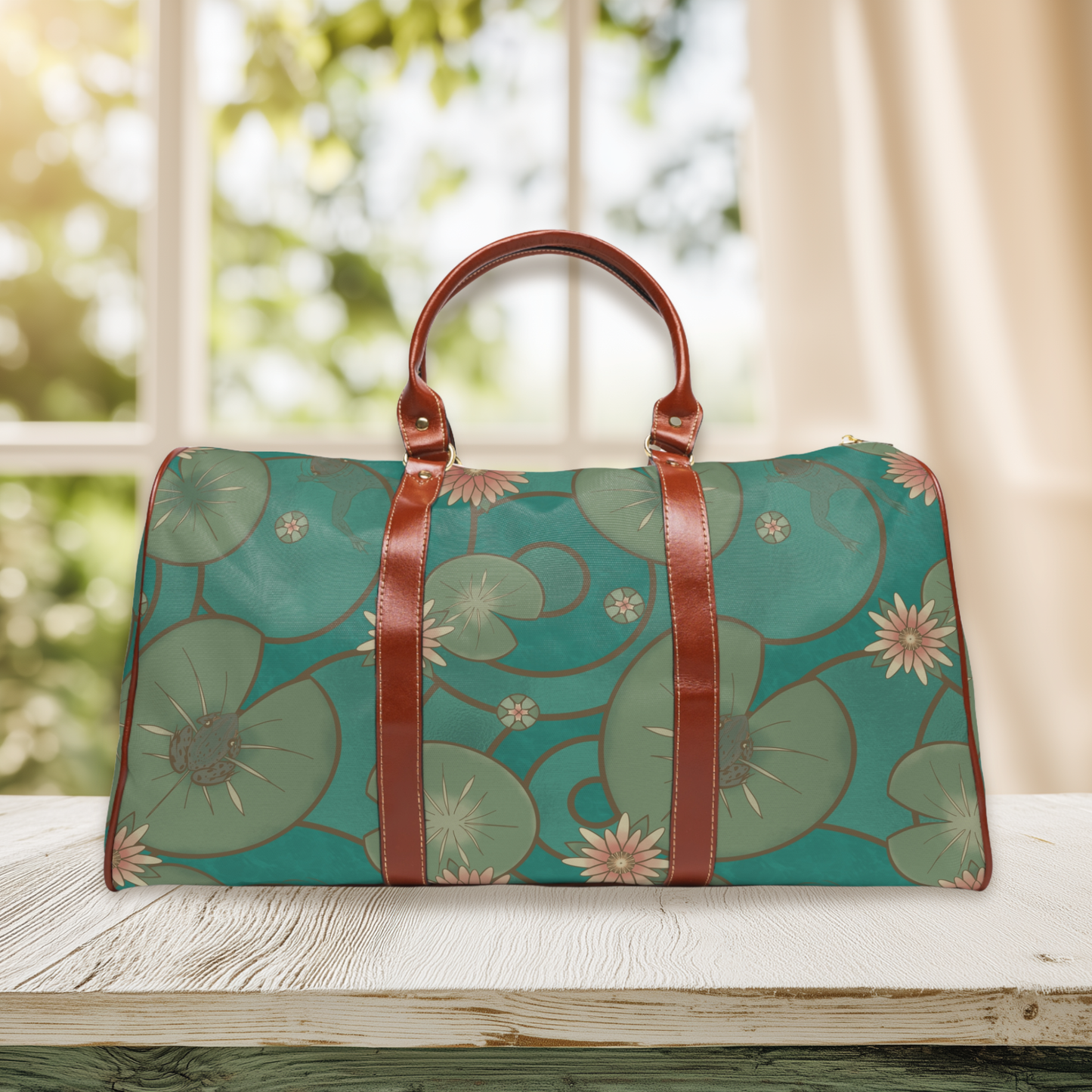 Stained Glass Frog and Water Lily Waterproof Travel Bag