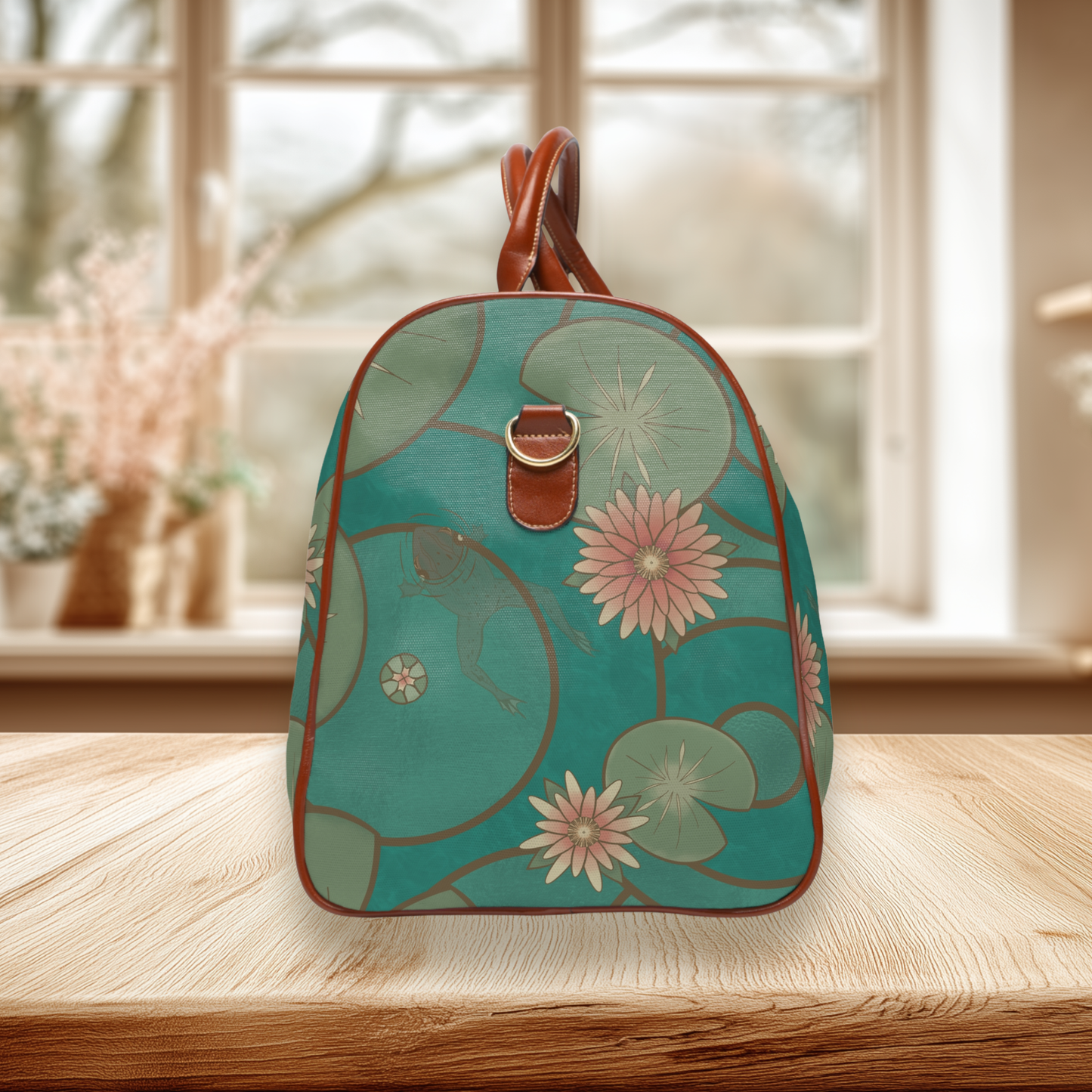 Stained Glass Frog and Water Lily Waterproof Travel Bag