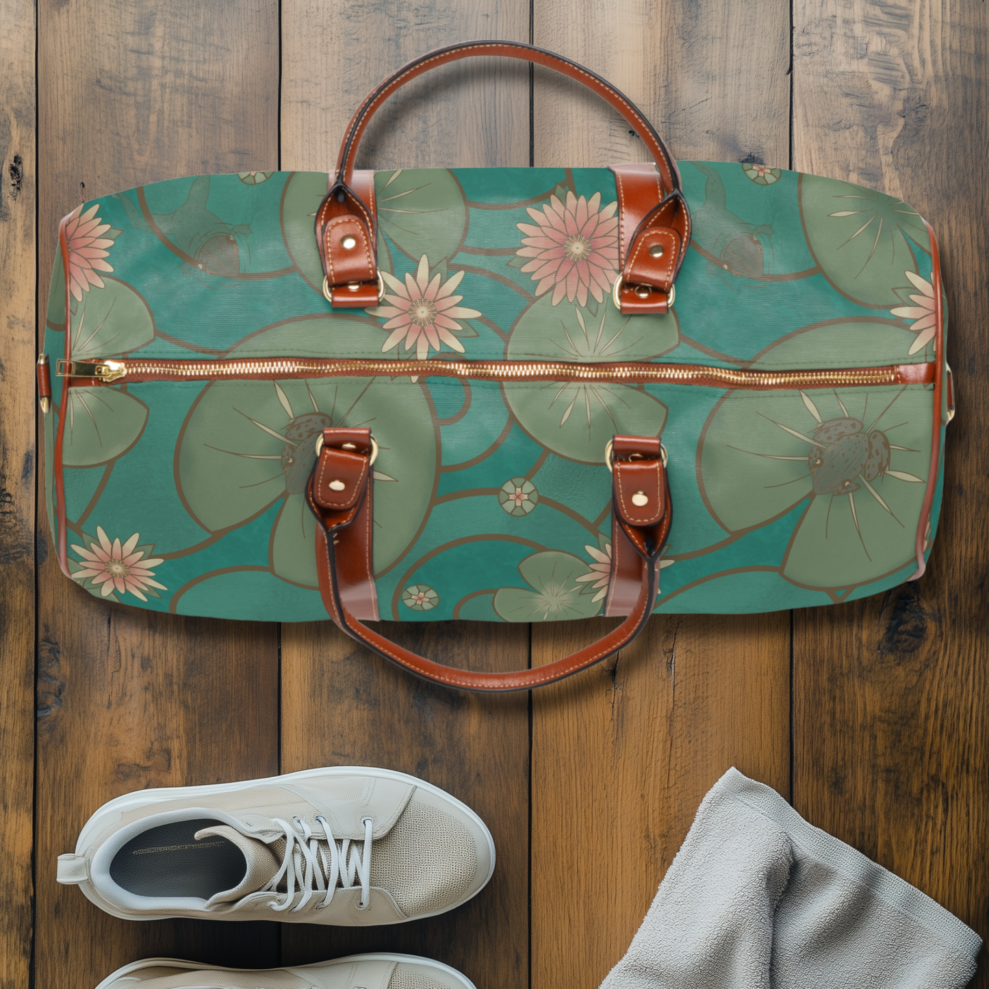 Stained Glass Frog and Water Lily Waterproof Travel Bag