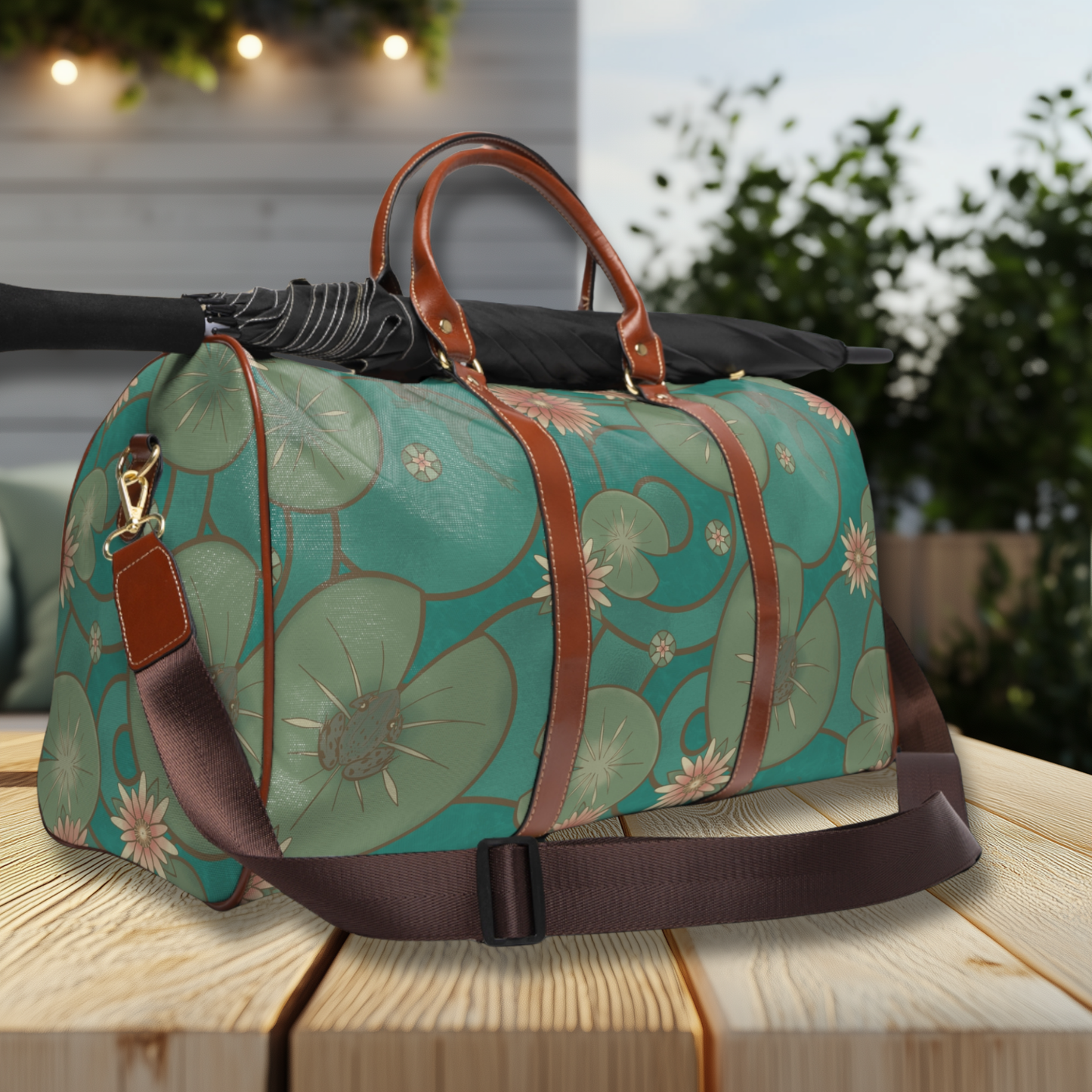 Stained Glass Frog and Water Lily Waterproof Travel Bag