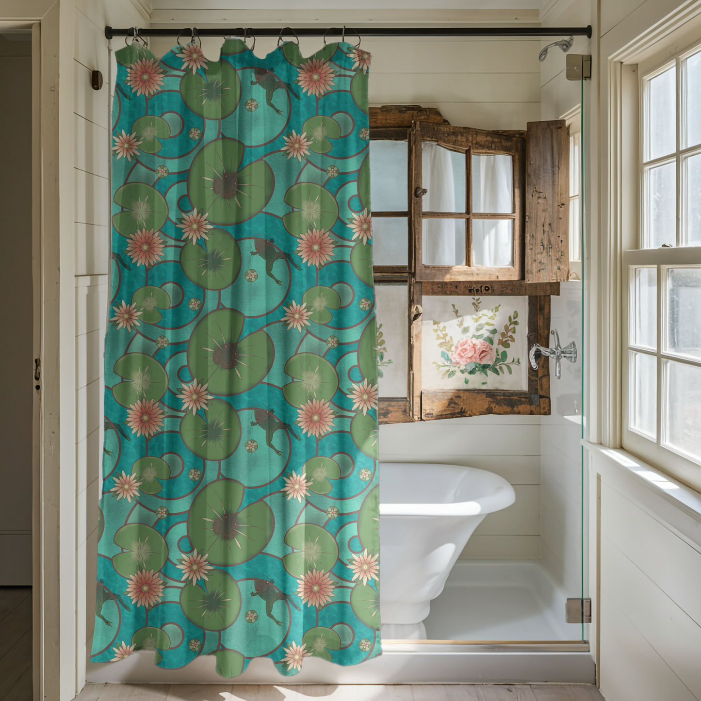 Stained Glass Frog & Water Lilies Shower Curtain