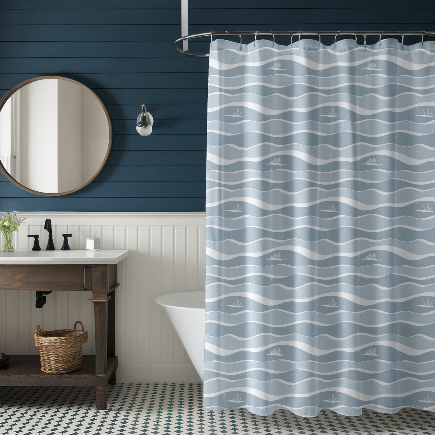 Ocean Wave Pattern with Ship & Kraken Shower Curtain