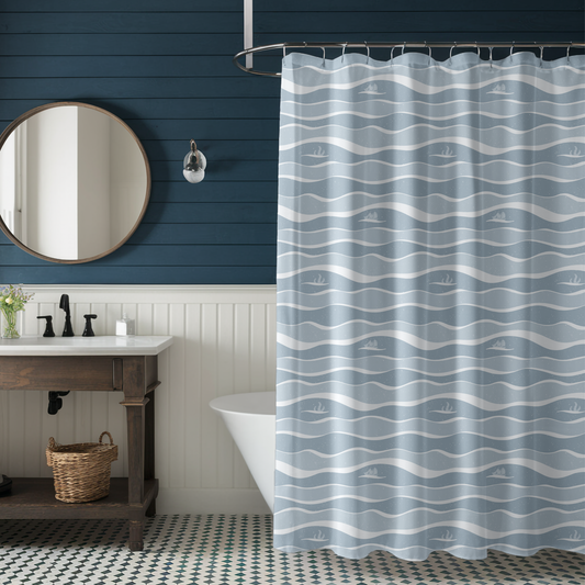 Ocean Wave Pattern with Ship & Kraken Shower Curtain