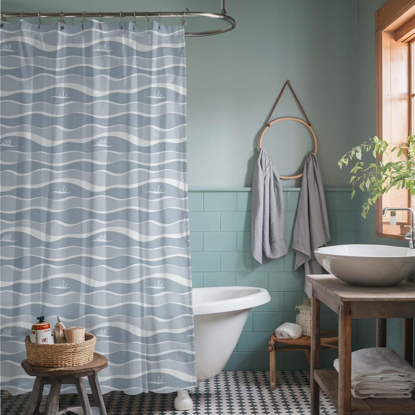 Ocean Wave Pattern with Ship & Kraken Shower Curtain