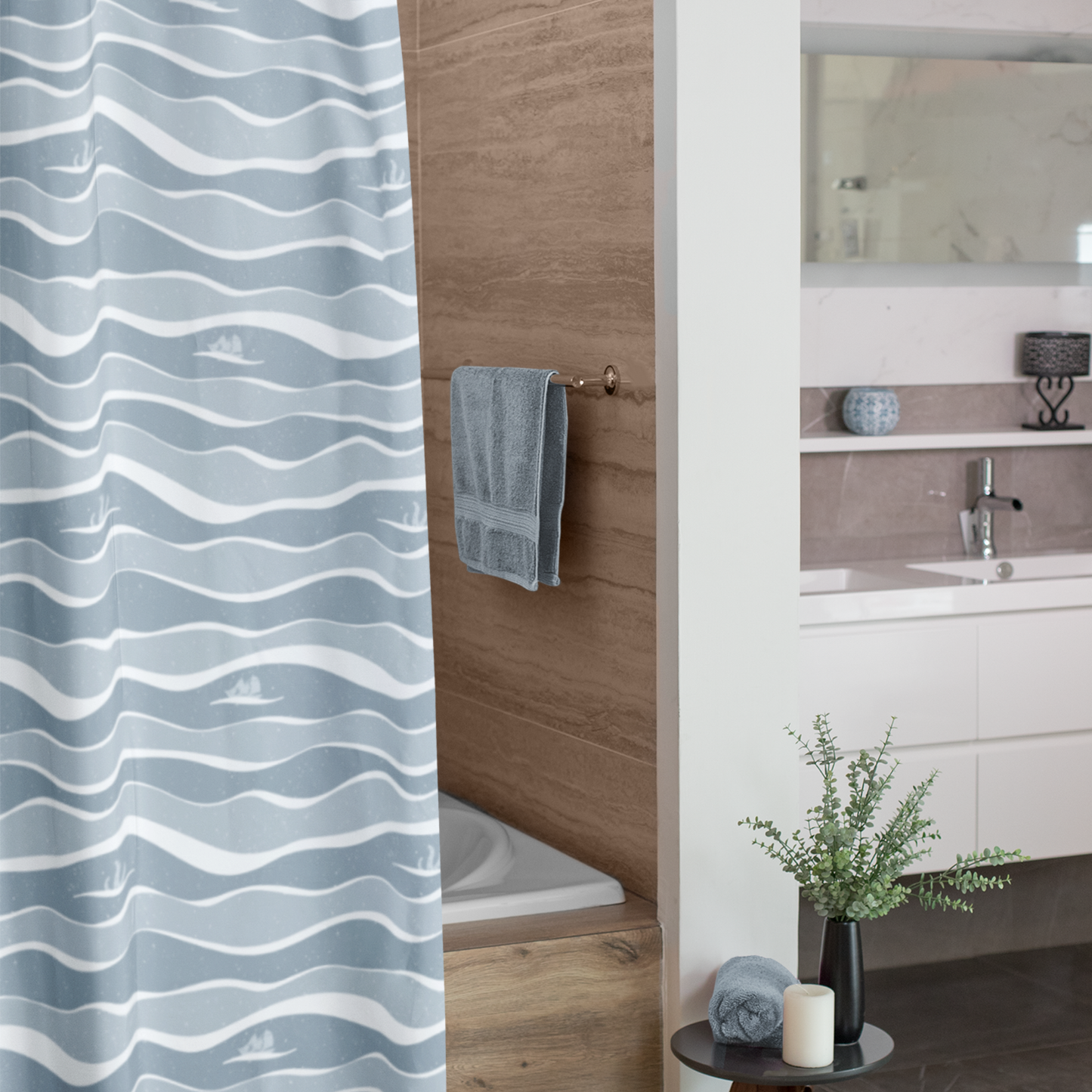 Ocean Wave Pattern with Ship & Kraken Shower Curtain