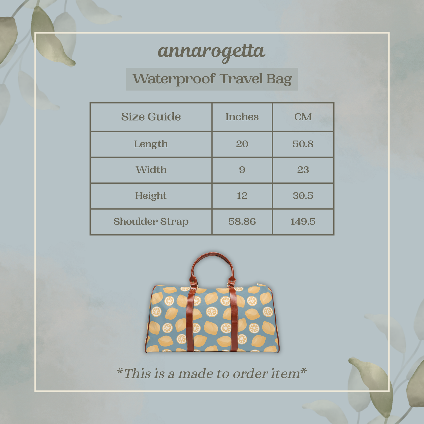 Watercolor Lemon Blue Waterproof Travel Bag