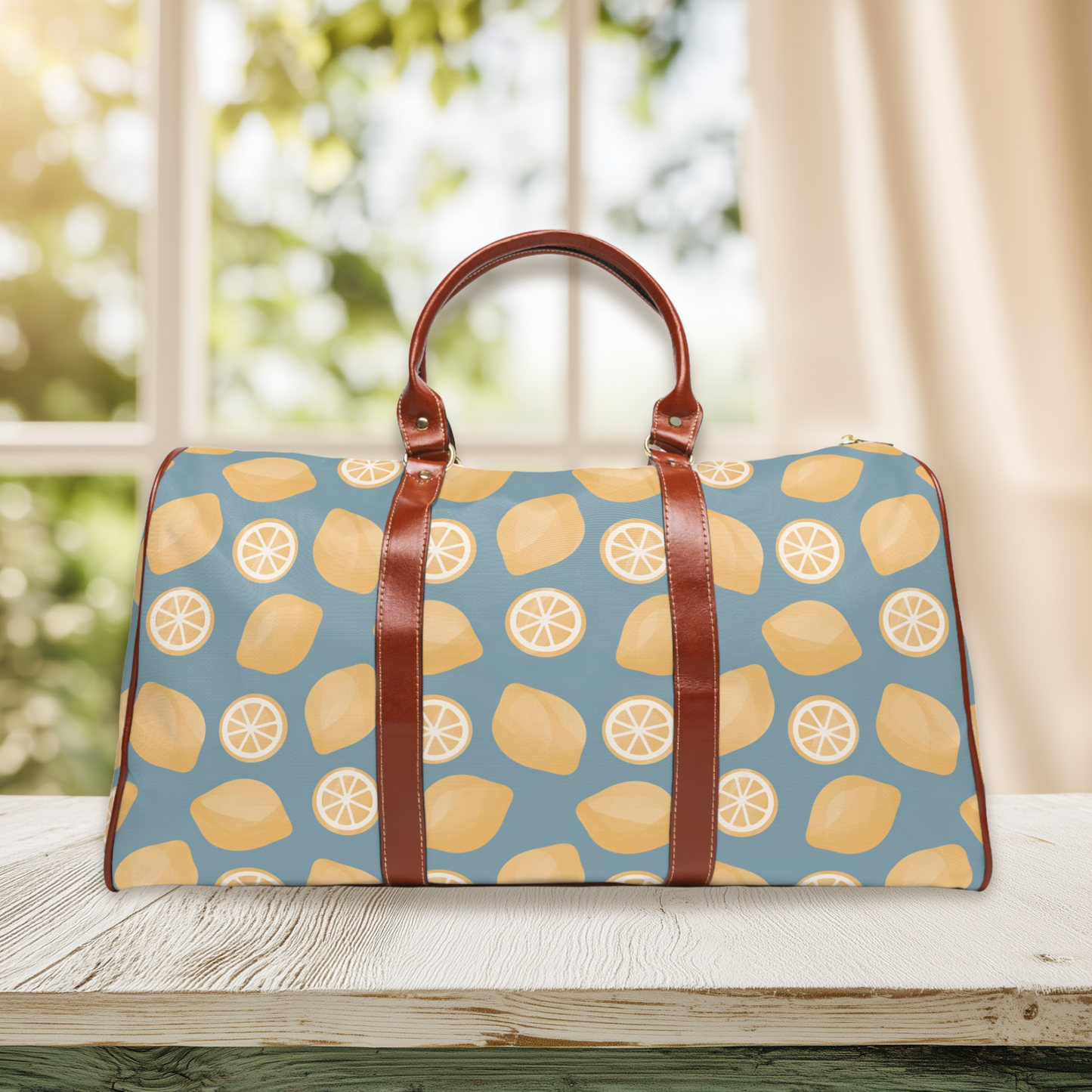 Watercolor Lemon Blue Waterproof Travel Bag