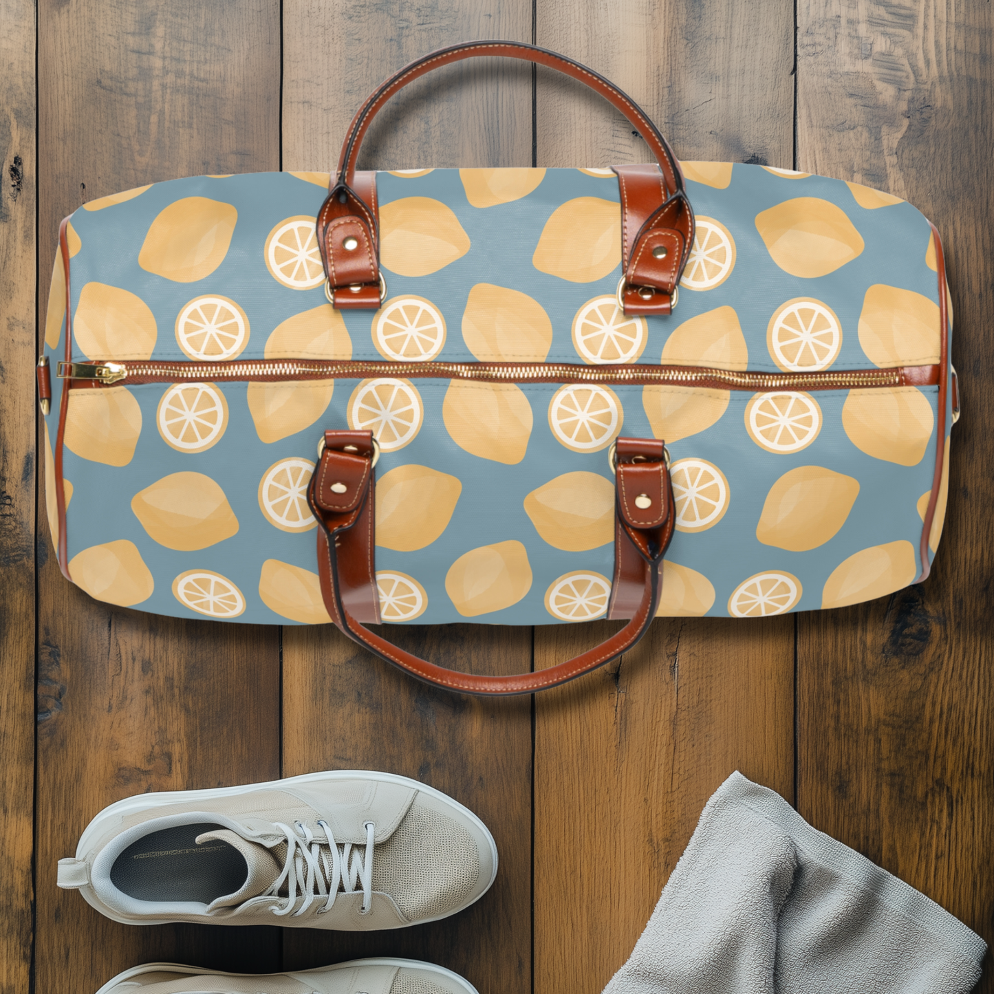 Watercolor Lemon Blue Waterproof Travel Bag